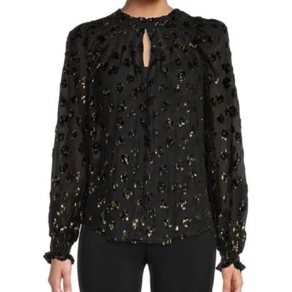 7 FOR ALL MANKIND sheer black blouse top with gold leopard print detail (small)